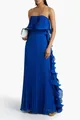 Elegante vestido maxi plisado azul cobalto palabra de honor con volantes laterales - S / Vestidos / Azul