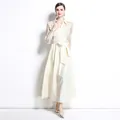 Elegant cream midi dress with polo collar, mesh embroidery, and waist bow detail - M / Dresses / Apricot
