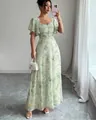 Elegant light green maxi dress featuring a vintage floral and butterfly print with flutter sleeves - Light Green