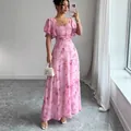Elegant pink floral print maxi dress with ruffled sleeves and a slim fit design - S / Top And Bottom / Pink