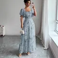 Elegant light blue floral print maxi dress with flutter sleeves and slim fit design - S / Top And Bottom / Navy Blue