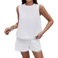 Elegant white eyelet embroidered sleeveless top and shorts two-piece summer set - S / Top And Bottom / White