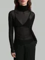 Elegante top de malla transparente negra de manga larga con cuello alto y ajuste ceñido - S / Tops / Negro