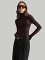Elegante camiseta marrón de malla transparente con cuello alto y manga larga para primavera - S / Tops / Marrón Oscuro