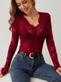 Body sexy in pizzo floreale rosso vino a maniche lunghe con scollo a V smerlato donna - Taglia S / Top / Borgogna