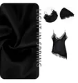 Detailansicht des schwarzen Seiden-Camisoles mit feiner Spitze und Stoffstruktur - S / Oberteile / Schwarz