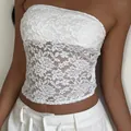 White floral lace strapless tube top for women, slim fit sexy summer crop top - S / Tops / White