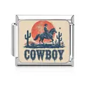 Close-up of a stainless steel Italian charm featuring a vintage cowboy illustration. - Riding Cowboy Silhouette Style (MK-D-1693) / Silver