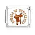 Close-up detail of stainless steel Italian charm link with Western saddle and cowboy theme - Western Cowboy Saddle Style (MK-D-1694) / Silver