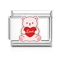 Detailed macro view of a stainless steel Italian link charm with a pink heart bear. - Pink Bear Love Style(MK-D-1652) / 1 Piece/Pack