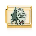 Gold Italian charm link featuring a pine tree walking a dog with nature-themed text - Nature Outdoor (MK-3194) / Gold (Keep Nature Wild)