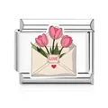 Dettaglio charm italiano in acciaio inossidabile con busta di tulipani rosa smaltata - Stile Busta Tulipano LOVE(MK-D-1653) / Confezione da 1