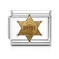 Detail shot of a stainless steel Italian charm with a golden sheriff star badge. - Golden Sheriff Star Style (MK-D-1696) / Silver