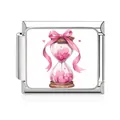 Close-up of stainless steel Italian charm link with pink heart hourglass design - Heart Hourglass Bow Style(MK-D-1654) / 1 Piece/Pack