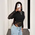 Sexy black long sleeve bodysuit featuring transparent floral lace patchwork design. - 2XL / Bodysuit (LES11601) / Black