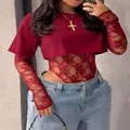 Elegant sexy burgundy lace bodysuit with long sleeves and solid knit crop top overlay - 2XL / Bodysuit (LES11601) / Burgundy