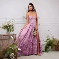 Elegant lavender floral maxi dress with high slit and tiered ruffle hem - XS / Dresses / Lilac Floral