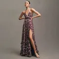 Elegant floral print halter maxi dress with ruffle hem and pearl waist detail - XS / Dresses / Purple