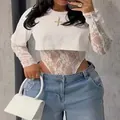 Sexy women's white long sleeve bodysuit featuring transparent lace and cropped knit top - 2XL / Bodysuit (LES11601) / White