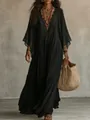 Elegant black lace V-neck maxi dress with bohemian batwing sleeves for resort wear - S / Dresses / Black