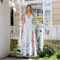 Elegant light blue floral print halter maxi dress with high slit and ruffles for summer - XS / Dresses / Light Blue (VICBLRS)