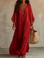 Elegant bohemian red lace V-neck maxi dress with batwing sleeves for summer beach vacation - S / Dresses / Red