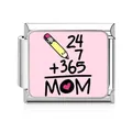 Detail view of pink Italian charm with 24/7 + 365 MOM pencil design - 24/7 365 MOM Pencil Style(MK-D-1656) / 1 Piece/Pack