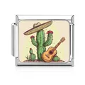 Stainless steel Italian modular charm link with cowboy cactus and guitar illustration - Cactus and Guitar Illustration Style (MK-D-1699) / Silver