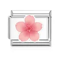 Detailed view of polished stainless steel Italian charm link featuring a pink cherry blossom - Pink Cherry Blossom Style(MK-D-1657) / 1 Piece/Pack