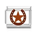 Close-up view of a stainless steel Italian charm link with a brown horseshoe and star. - Horseshoe and Five-pointed Star Style (MK-D-1703) / Silver