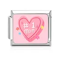 Stainless steel Italian modular charm link featuring a pink heart and "#1 mom" design - #1 Mom Floral Heart Style(MK-D-1661) / 1 Piece/Pack