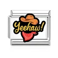 Close-up of stainless steel Italian charm link with Western cowboy Yeehaw design - Cowboy Hat and Bandana Yeehaw Style (MK-D-1704) / Silver