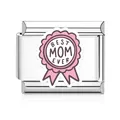 Close-up of stainless steel Italian charm link with pink Best Mom Ever award badge - BEST MOM EVER Medal Style(MK-D-1662) / 1 Piece/Pack