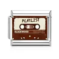 Close-up of stainless steel modular bracelet charm featuring retro cassette tape design. - Retro Cassette Illustration Style (MK-D-1705) / Silver