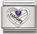 Roestvrijstalen hartbedel met paarse steen en tekst February voor modulaire DIY armband - Februari Paars Hart Charm (MK-3288)