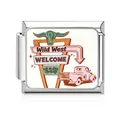 Close-up of stainless steel Italian charm featuring a vintage Wild West sign design - Wild West Welcome Neon Sign Style (MK-D-1706) / Silver
