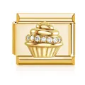 Gold-plated Italian modular bracelet link with cubic zirconia cupcake charm for DIY jewelry - Cupcake (MK-D-2191)