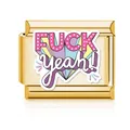 Premium golden stainless steel modular link charm with colorful pop art Fuck Yeah design - Pop Art Text (MK-3192) / Gold (Fuck Yeah!)