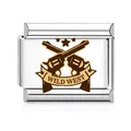Detail of Wild West themed stainless steel Italian link charm with crossed pistols - Crossed Revolvers and Stars Style (MK-D-1708) / Silver