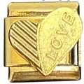 Gold-plated Italian modular charm featuring textured double hearts with LOVE engraving for DIY bracelets - Double Heart LOVE Style (MK-3268) / 5 Pieces/Pack / Gold