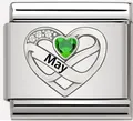 Roestvrijstalen hartvormige charm voor armband met groene steen en 'May' gravure. - Mei Groen Hart Charm (MK-3291)