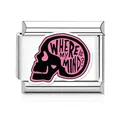 Italiaanse modulaire bedel in roestvrij staal met roze schedelontwerp en tekst. - Where Is My Mind? (MK-3212) / Enkele Schakel