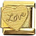 Golden modular Italian charm link featuring an embossed heart and Love script detail - Single Heart LOVE Style (MK-3271) / 5 Pieces/Pack / Gold