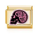Gold Italian charm module with pink skull and 'Where Is My Mind?' slogan for DIY jewelry - Gold (Where Is My Mind?)