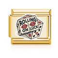 Golden stainless steel Italian charm link featuring Rolling on Luck dice design - Gold (Rolling On Luck)