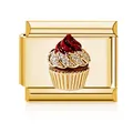 Italian modular charm bracelet link featuring gold-plated red enamel cupcake design - Red Cupcake (MK-D-2183)