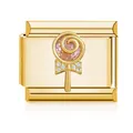 Exquisite gold-plated Italian modular bracelet charm link with pink lollipop and rhinestones design. - Lollipop (MK-D-2184)