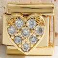 9mm gold stainless steel heart charm with clear crystals for Italian bracelets - Clear Stone Heart (MK-1381)