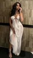 Elegante vestido largo sexy de malla transparente blanca con cuello halter para verano - Blanco