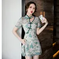 Elegant modern Qipao two-piece set with green lace floral patterns and hollow-out design - S / Top And Bottom / Green